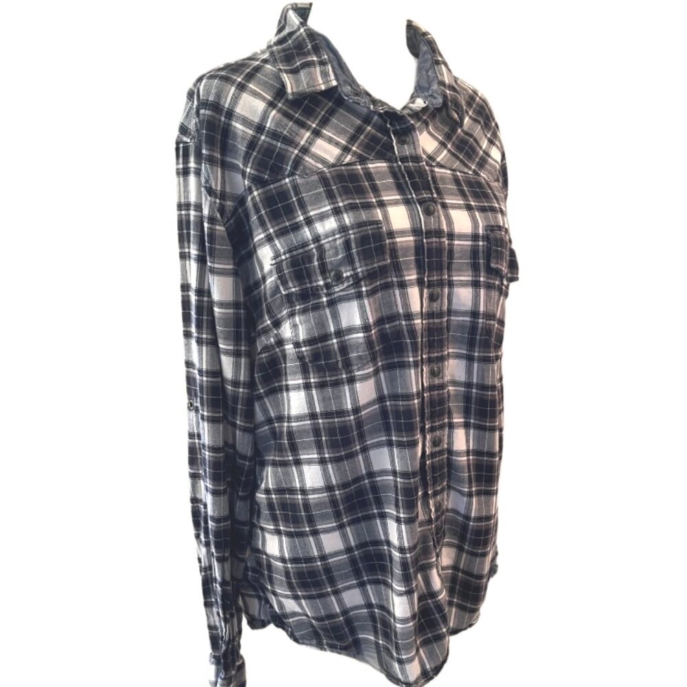 Jach's Girlfriend Black & White Plaid Flannel Contrasting Cuffs Size XL